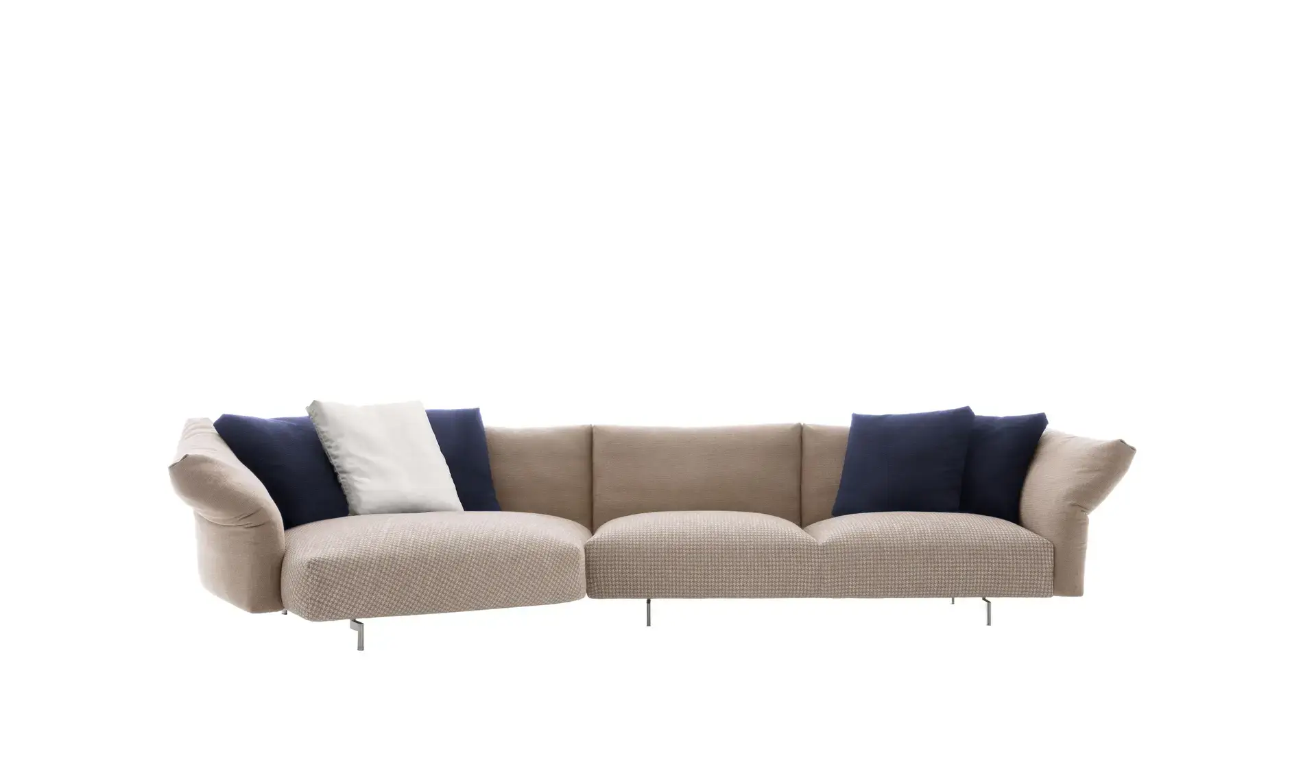 Modern beige fabric sectional sofa with slim metal legs and navy blue throw pillows, isolated on white background for furniture stores in Sri Lanka.