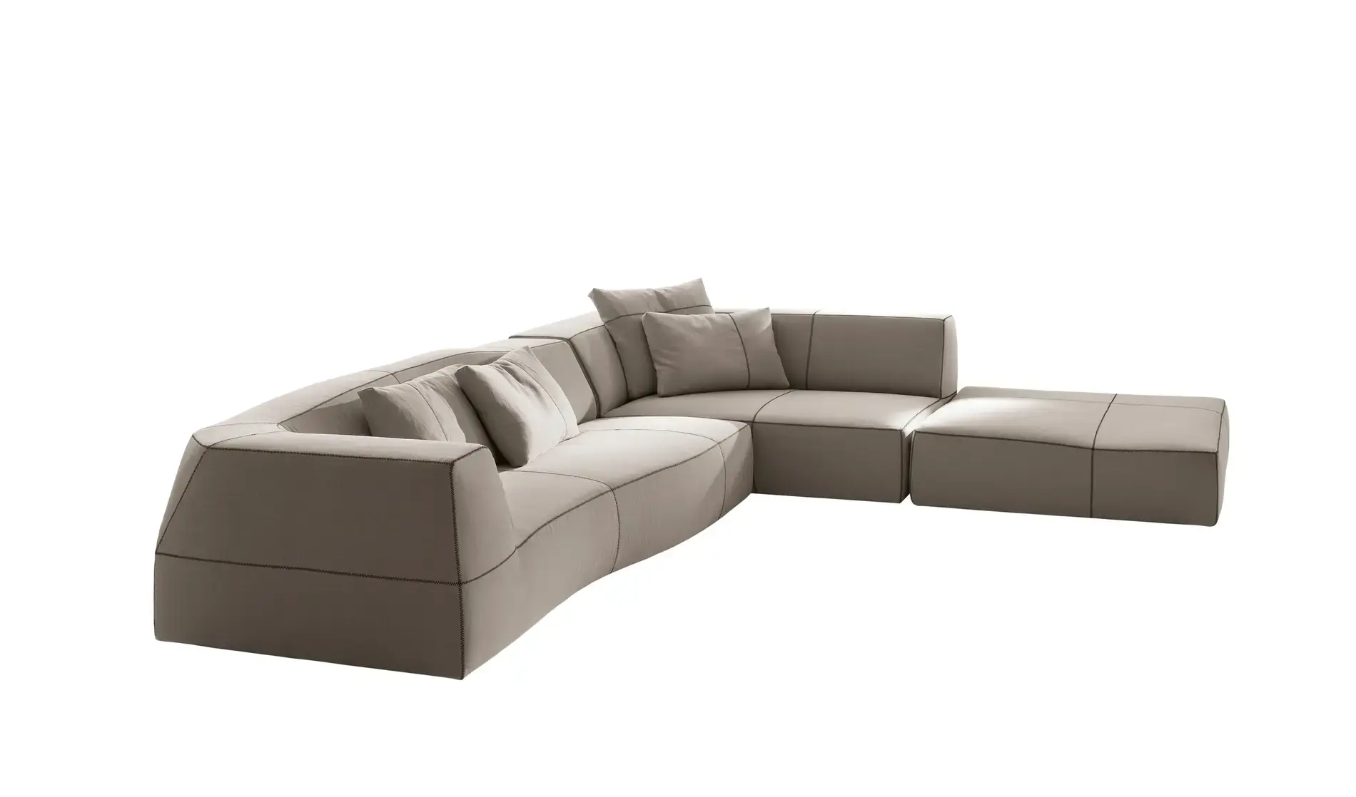 Modern taupe curved sectional sofa with dark contrast stitching and modular ottoman, isolated on white background for luxury furniture shops in Sri Lanka.