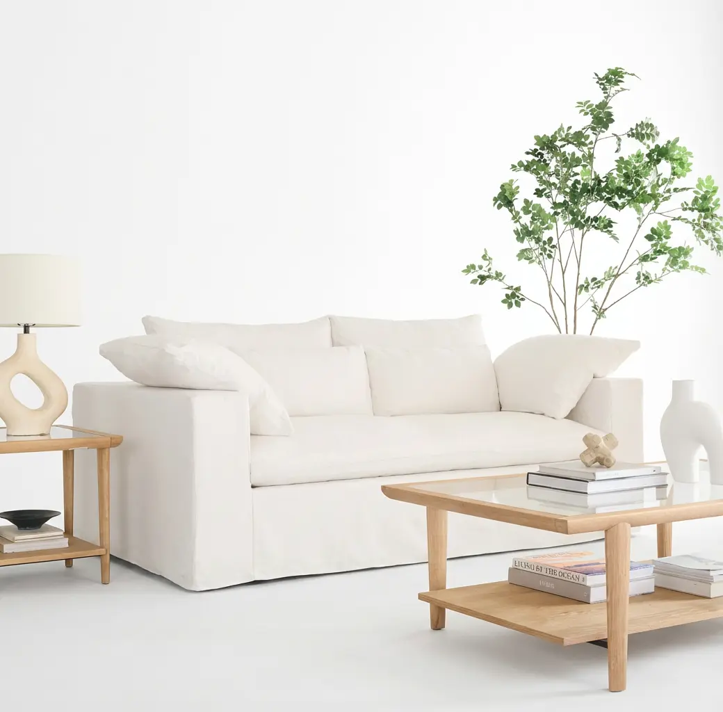 Modern white linen fabric sofa with skirted base and loose cushions, styled in a minimalist living room for luxury furniture shops in Sri Lanka.