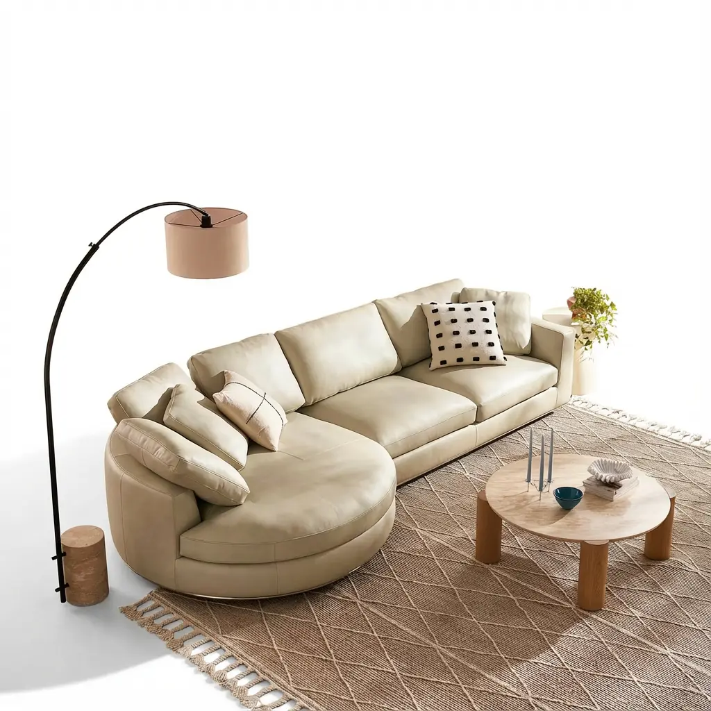 Luxury cream curved sectional sofa with rounded chaise and scatter pillows, styled in a modern living room for furniture shops in Sri Lanka.